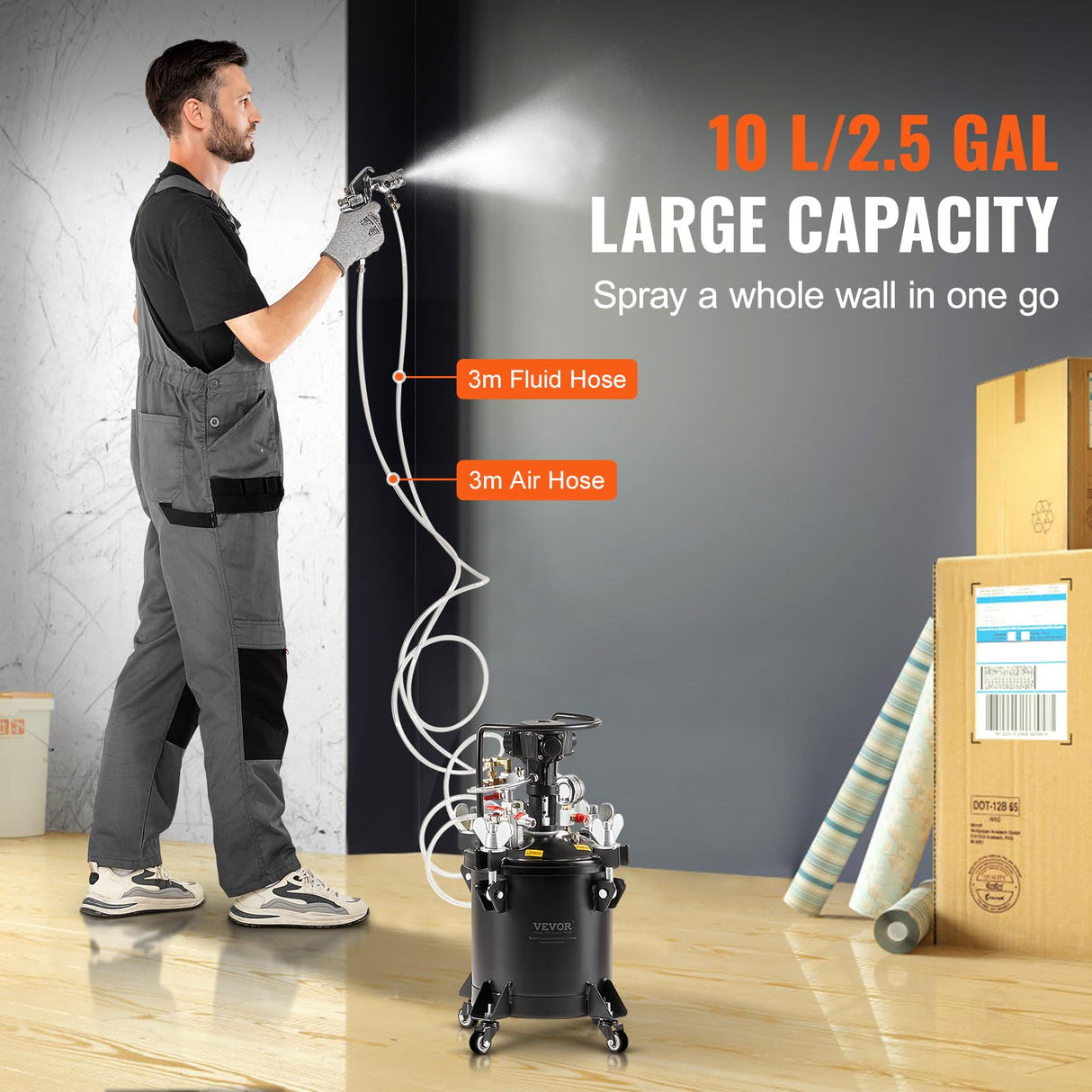 VEVOR Spray Paint Pressure Pot, 10 L/2.5 gal Fully Automatic Stirring Pressure Pot Tank, 70 psi Adjustale Pressure, Pressure Pot Paint Tank with Spray Gun and Hoses, for Home Decor Industry Painting VEVOR