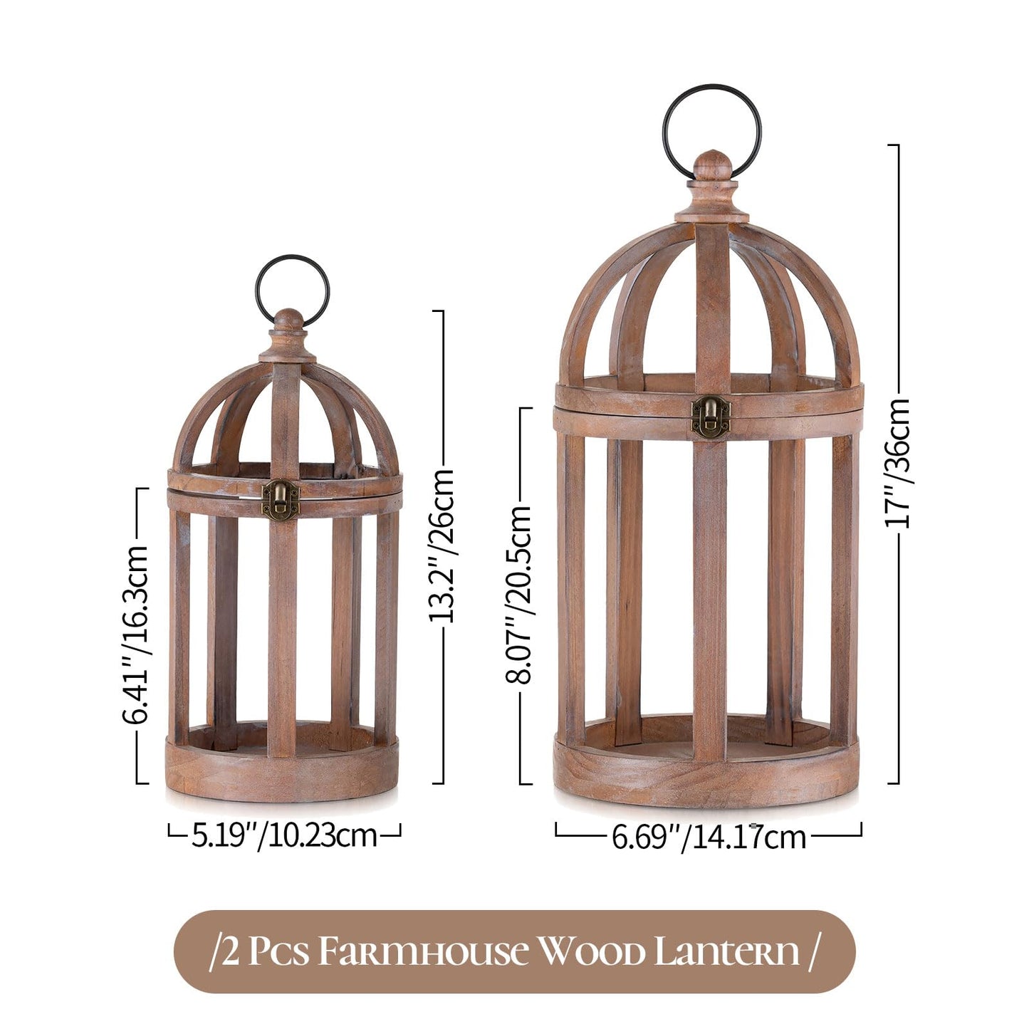 Staymoment Farmhouse Lantern Decor Set of 2 - Indoor Rustic Wooden Lanterns Decorative Candle Holder for Table Centerpiece Fireplace Mantle, 13" & 10" Hanging Home Decor, Brown