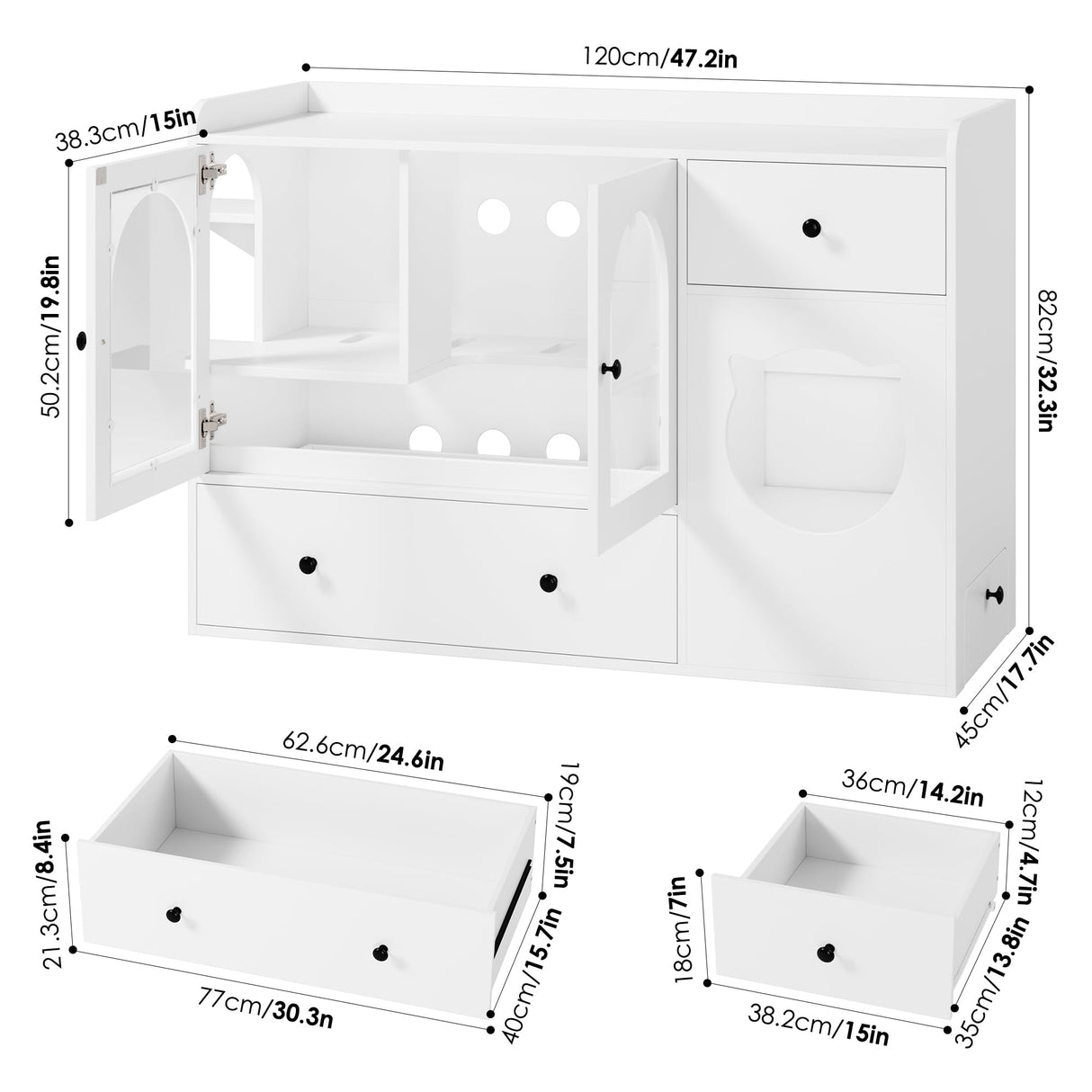 FACBOTALL 55.1" Cat Litter Box Enclosure, Furniture Hidden With Scratcher, Storage Cabinet With Bowls, Wooden Pet Crate House With Storage Spaces, Indoor House Furniture FACBOTALL