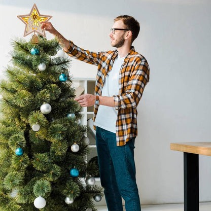 Christmas Star Tree Topper, Wooden 3D Star Glittered Hollow Plug-in Christmas Tree Topper Decoration with LED Light & 6-Hour Timer Function for Indoor Office Holiday Xmas 7.87" x 8.86" (White)