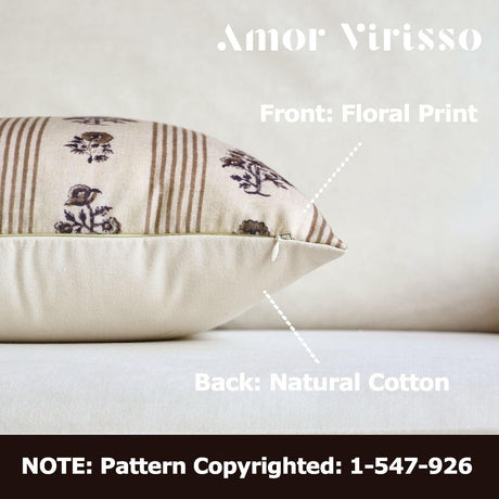 Amor Virisso Floral Throw Pillow Covers 18x18 Set of 2 Block Print Pillow Covers Neutral Floral Striped Farmhouse Decorative Pillow Covers for Sofa Couch Bed, Brown Amor Virisso