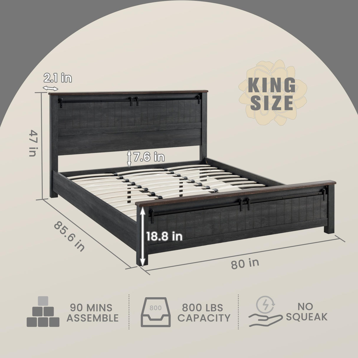 IFGET Farmhouse King Size Bed Frame with 47" Headboard, Wood Bed Frame with Groove Sliding Barn Door Footboard, Platform Bed with Wood Slats Support, No Box Spring Needed (Dark Grey) IFGET