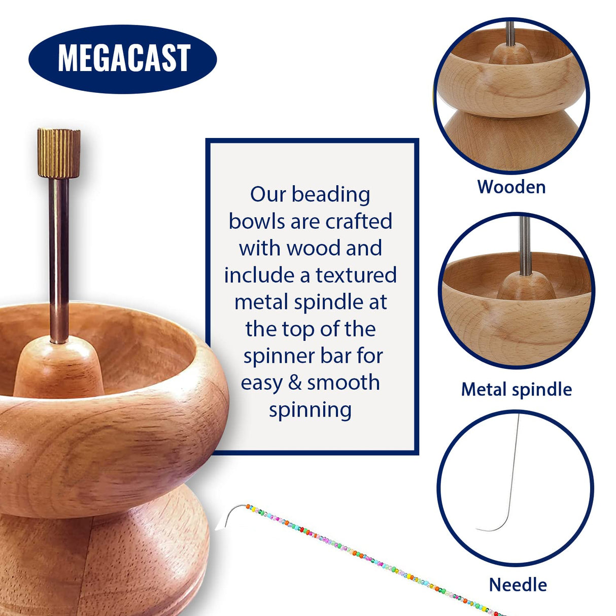 MegaCast Wooden Bead Spinner, Bead Loader Spinner with Needle Jewelry Making Bead Holder for Craft Stringing Beads MegaCast