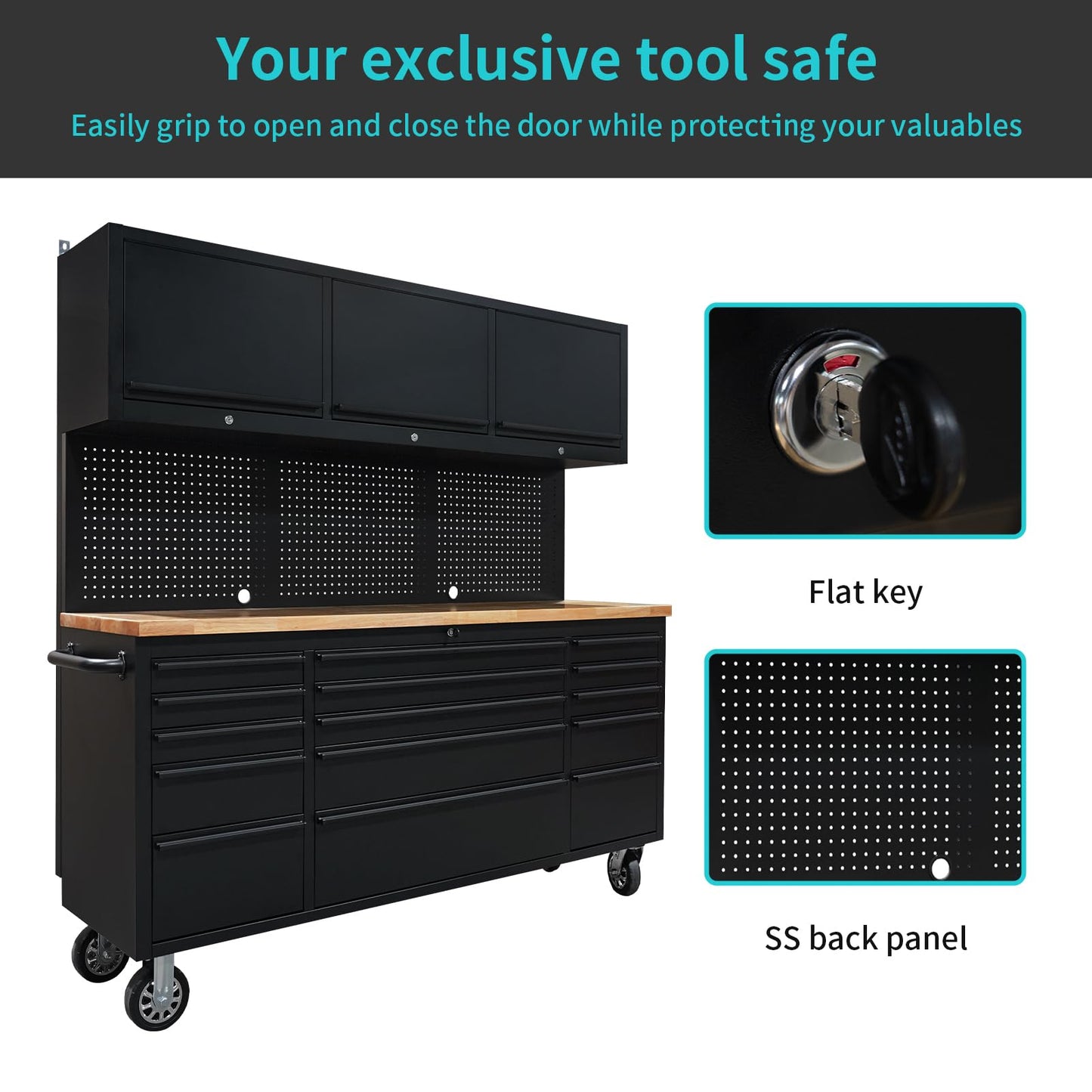 CHETTO 72" Tool Chest Rolling Tool Box 15 Storage Drawers 3 Upper Cabinet Pegboard Large Toolbox with Wheels for Warehouse Basement Home Pantry Garage Black