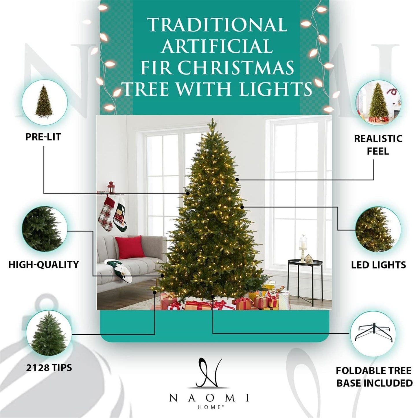 Naomi Home 9ft Christmas Tree with Lights, Realistic Fir Christmas Tree Prelit with 2532 Branch Tips, 900 Warm Lights and Metal Stand, Aritificial Christmas Tree, Árbol De Navidad