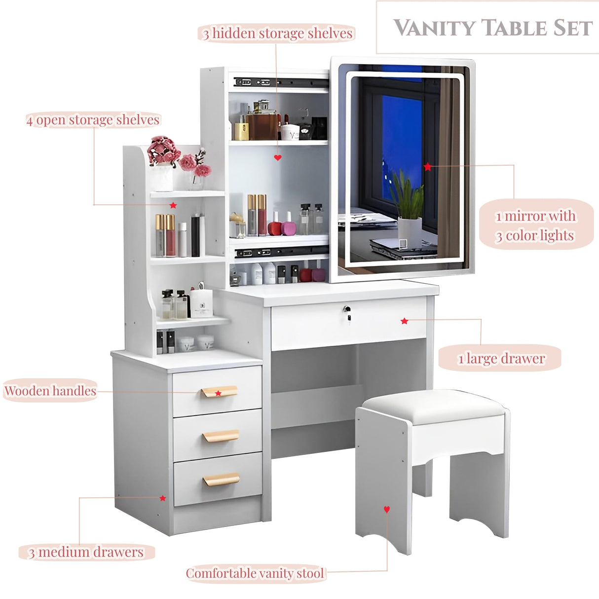 Makeup Vanity Desk with Mirror and Lights, White Vanity Table Set with 4 Drawers & Sliding Mirror & Storage Shelves, 3 Lighting Modes Brightness Adjustable, Vanity Dressing Table and Stool Montary