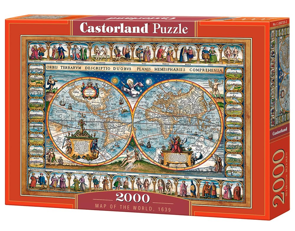 CASTORLAND 2000 Piece Jigsaw Puzzles, Map of The World 1639, Cartographic map, Historic Puzzles, Geographic, Adult Puzzle, Castorland C-200733-2 Castorland
