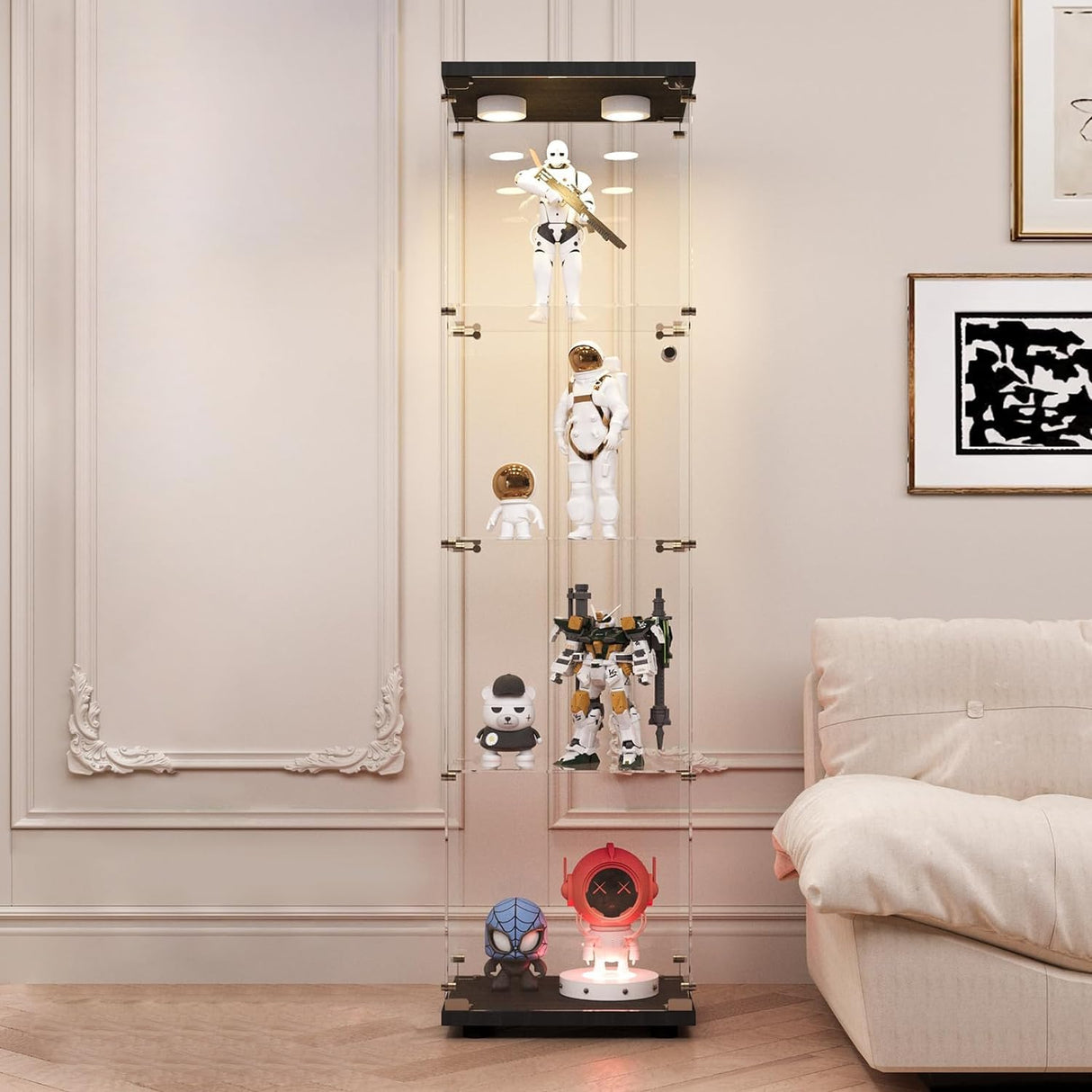 LFT HUIMEI2Y Glass Display Cabinet with LED Lights and Lock, 4-Shelf Curio Cabinets with Door, Tempered Glass Collection Display Showcase for Bedroom, Living Room 65”x 17”x 14.5” Black LFT HUIMEI2Y