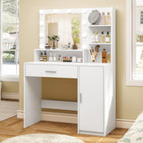 Quimoo Makeup Vanity Desk with Mirror and Lights, Vanity Desk with Large Drawer & Shelves & Cabinet, 3 Color Modes & Adjustable Brightness, Dressing Table Set for Bedroom,White Quimoo