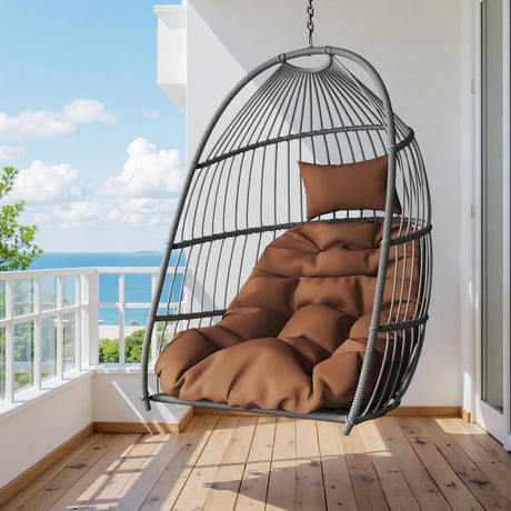 Hanging Egg Chair Without Stand, HDPE Rattan Foldable Swing Chair with Aluminum Frame & UV Resistant Cushion, Hammock Egg Basket for Indoor Outdoor Bedroom Garden, 350Lbs Capacity (Coffee) DAIJIA CHINA
