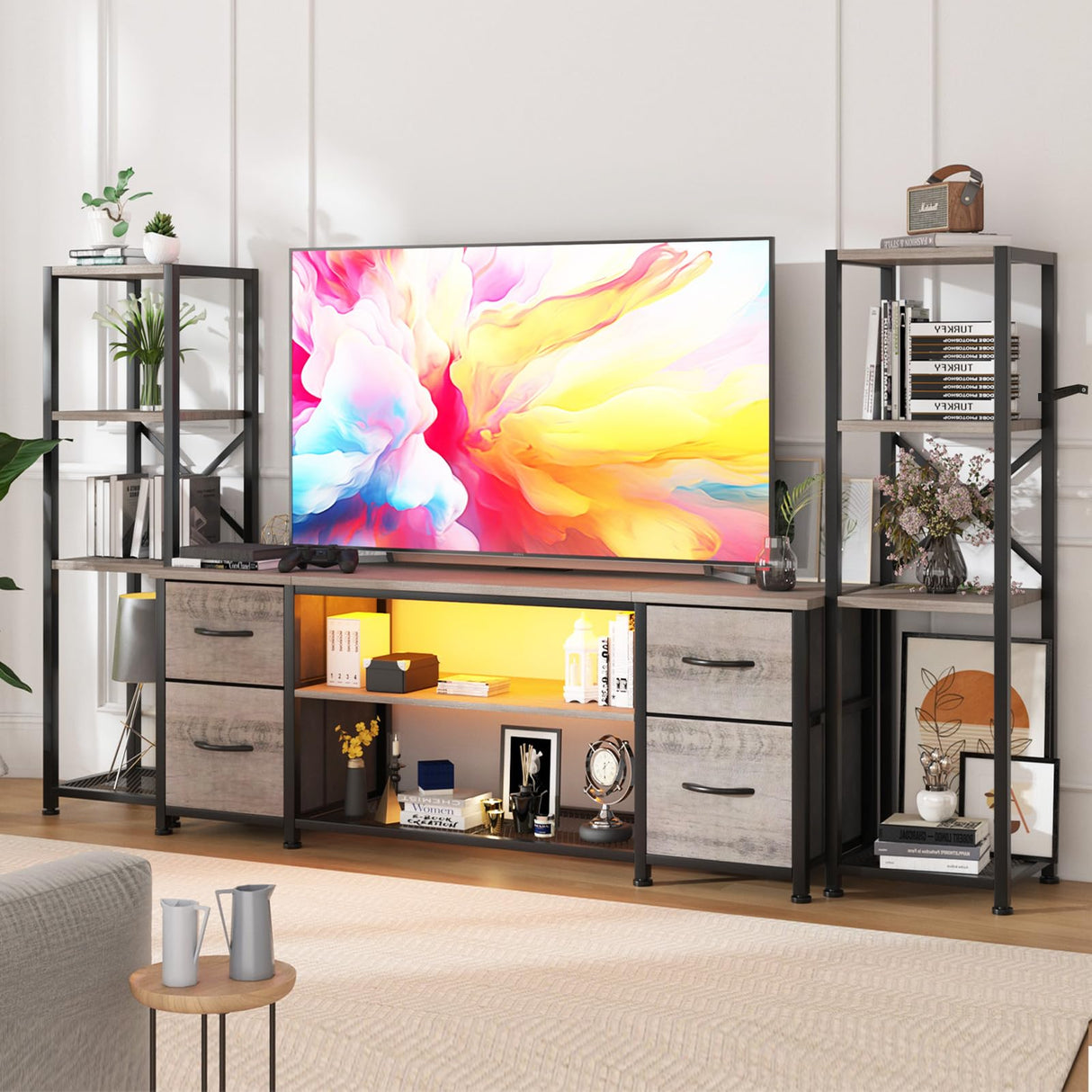 Yenlure LED TV Stand 60 Inch for Living Room with Charging Station, Entertainment Center with 2 Industrial Bookshelves, Modern Console Cabinet with Storage Drawers (Greige) Yenlure