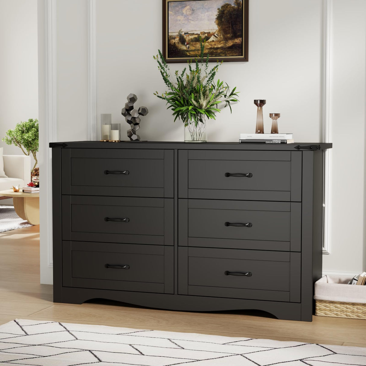 Loomie Farmhouse 6 Drawers Double Dresser for Bedroom, Modern White Dresser Chest of Drawers, Wide Dressers Organizer, Accent Storage Cabinet for Closet, Living Room, Hallway, Black Loomie