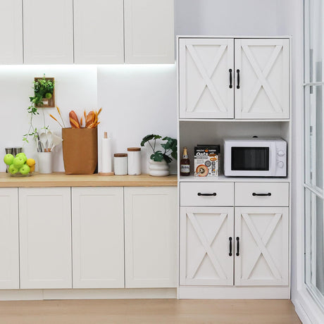 Walmokid 71" Tall Kitchen Pantry Cabinet，Farmhouse Storage Cabinet with Barn Doors and Adjustable Shelves, Heavy Duty White Microwave Cabinet with Drawers for Dining Room, Living Room Walmokid