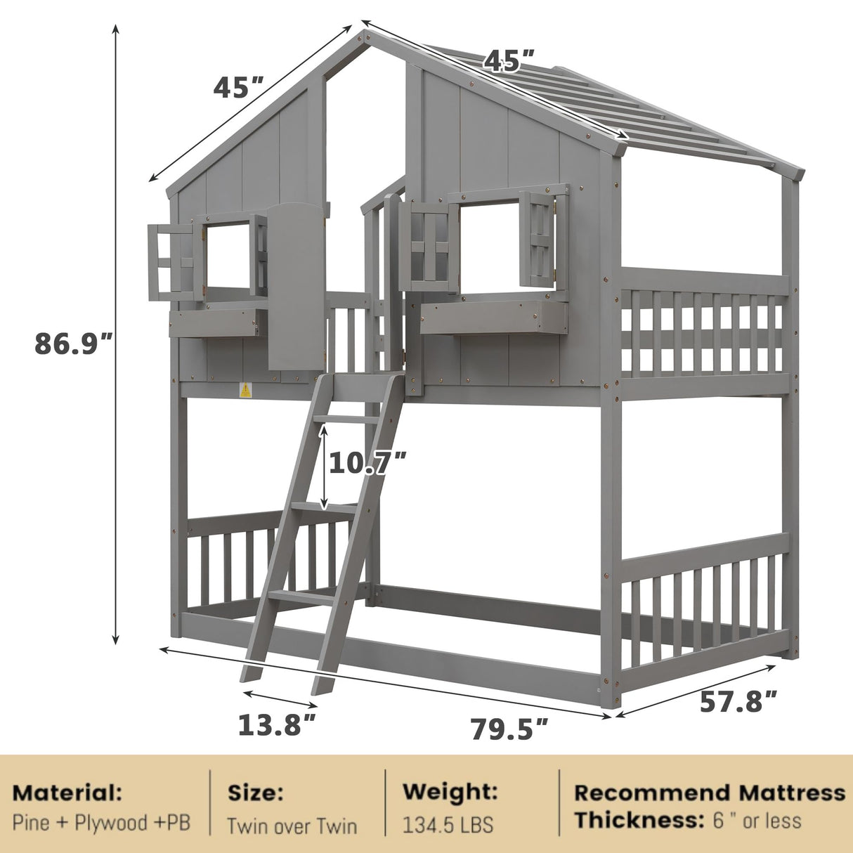 Harper & Bright Designs House Bunk Bed Twin Over Twin for Kids, Wood Bunk Beds with Roof, Windows, Window Box and Small Door, Floor Bunk Beds with Ladder and Guard Rails for Girls Boys,Grey Harper & Bright Designs