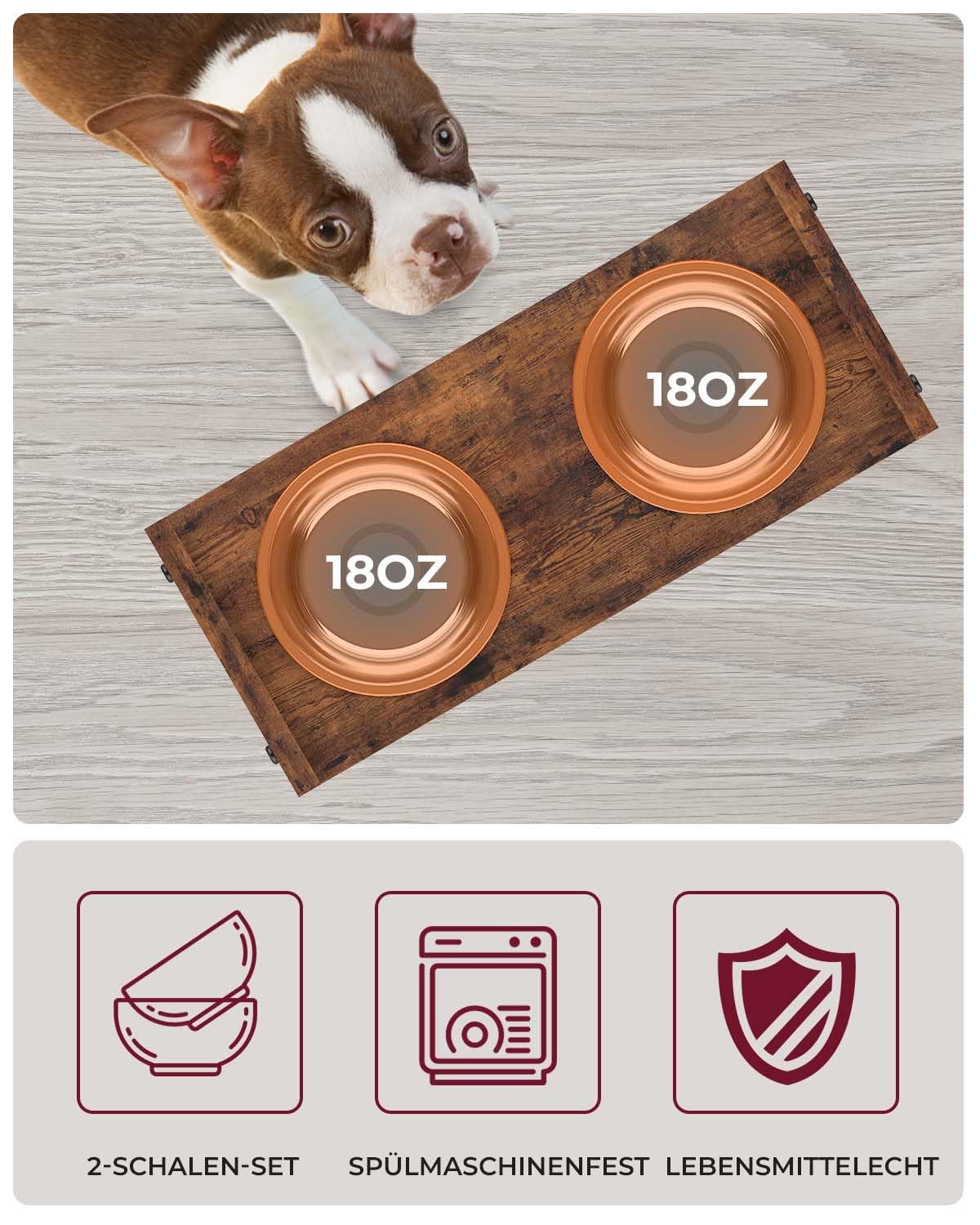 Vantic Elevated Dog Bowls - Adjustable Raised Dog Bowls for Small Dogs and Cats, Sturdy Rustic Brown Particle Board Dog Food Bowl Stand with 2 Stainless Steel Bowls and Non-Slip Feet Vantic