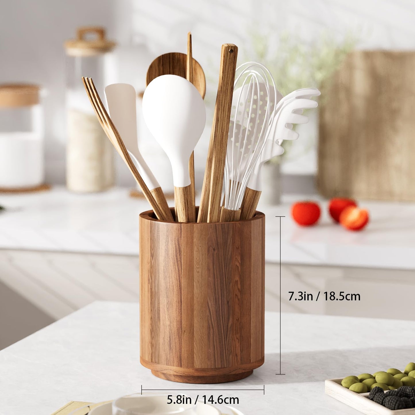 WDT Tool 7.2" Utensil Holder for Kitchen Counter Large Round Utensils Holder with Wooden Base Matte Black Cooking Utensil Holder，Kitchen Countertop Utensil Organizer (Rotating+Wooden)