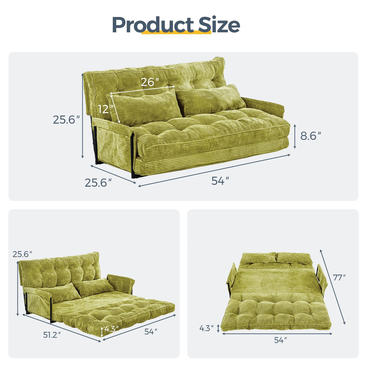 MAXYOYO Adjustable Floor Sofa Couch with 2 Pillows, Multi-Functional Bean Bag Bed, 5-Position Foldable Lazy Sofa Sleeper Bed with Armrest, Versatile Floor Seating for Reading, Green, Double MAXYOYO