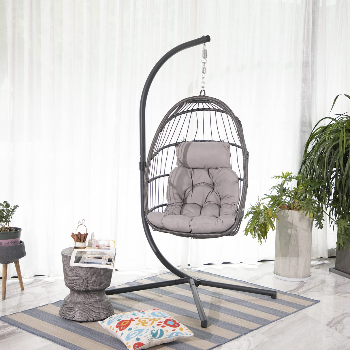 Patiorama Indoor Outdoor Egg Swing Chair with Stand, Patio Grey Wicker Rattan Hanging Chair with Rope Back, Cushion,Cover,All Weather Foldable Hammock Chair for Bedroom, Garden (Light Grey) Patiorama