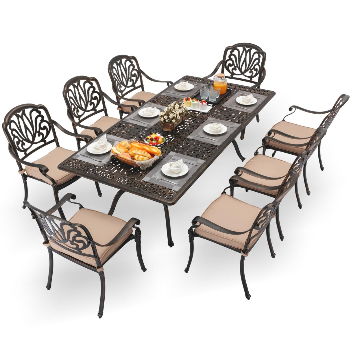 AIWOEN 9-Piece Cast Aluminum Patio Furniture, Outdoor Dining Sets for 8 Include 87" Rectangular Patio Dining Table and 8 Stackable Chairs with Cushions & Umbrella Hole (Bronze) AIWOEN