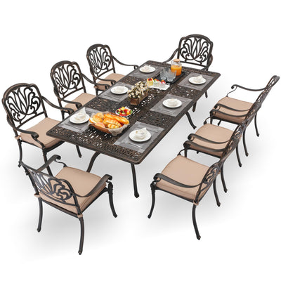 AIWOEN 9-Piece Cast Aluminum Patio Furniture, Outdoor Dining Sets for 8 Include 87" Rectangular Patio Dining Table and 8 Stackable Chairs with Cushions & Umbrella Hole (Bronze)