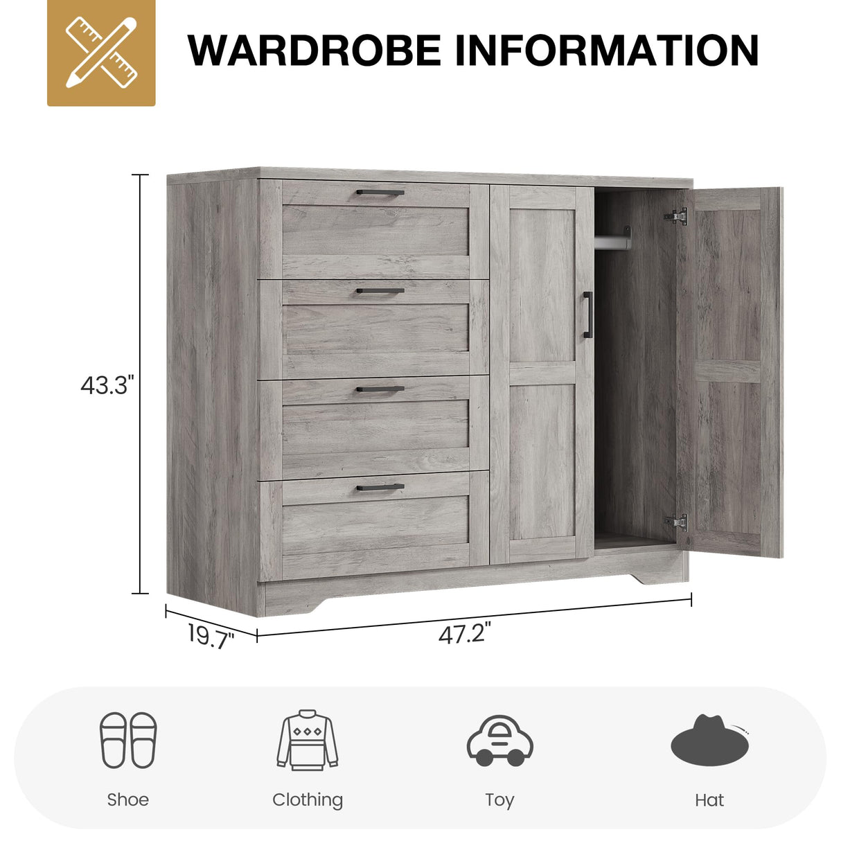 IDEALHOUSE 43.3'' H Armoire Wardrobe Closet with 4 Drawers and 2 Doors, Hanging Rod, Multifunctional Wooden Dresser with Storage Closet, Bathroom Cabinet for Bedroom, Gray IDEALHOUSE