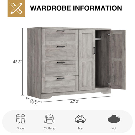 GarveeHome Multifunctional Wooden Dresser for Bedroom, 43.3 in H 2 Door Wardrobe Armoire Closet with 4 Drawers and Hanging Rod, Low Storage Cabinet for Hanging Cloth, Gray GarveeHome