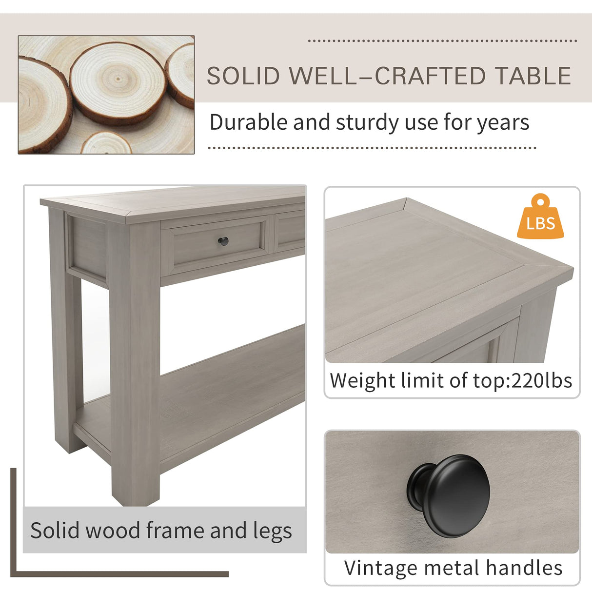 P PURLOVE Console Table for Entryway Hallway Sofa Table with Storage Drawers and Bottom Shelf (Gray Wash) P PURLOVE