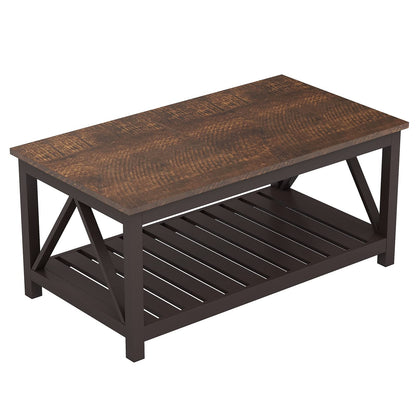 ChooChoo Farmhouse Coffee Table, Rustic Vintage Living Room Table with Shelf, 40 Espresso - WoodArtSupply