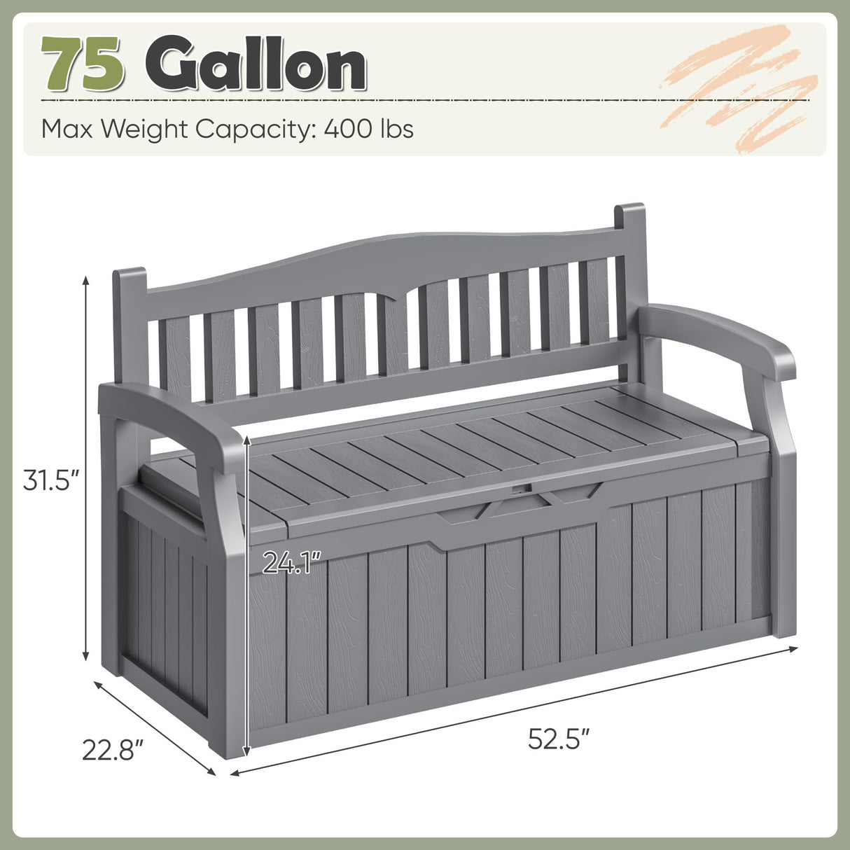 Homall 75 Gallon Outdoor Storage Benches Lockable Deck Box with Waterproof and UV Resistant, Waterproof Storage Box for Patio Furniture, Tools, Cushions (Grey) Homall