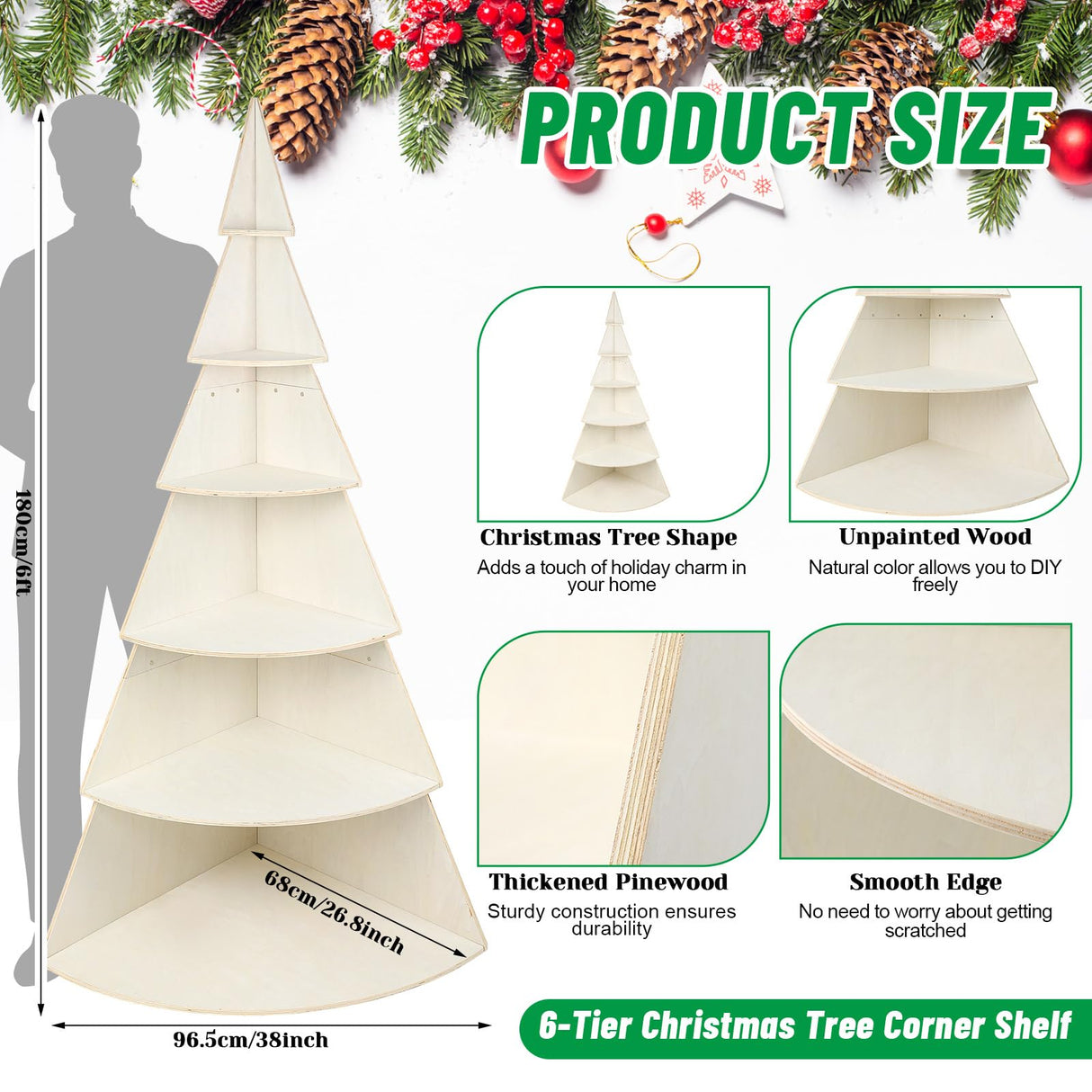 CroBlissful 6 Tier 6ft Christmas Village Display Stand Christmas Tree Corner Shelf Large Wood Platform Bookshelf for DIY Living Room Bedroom Home Office Decor CroBlissful