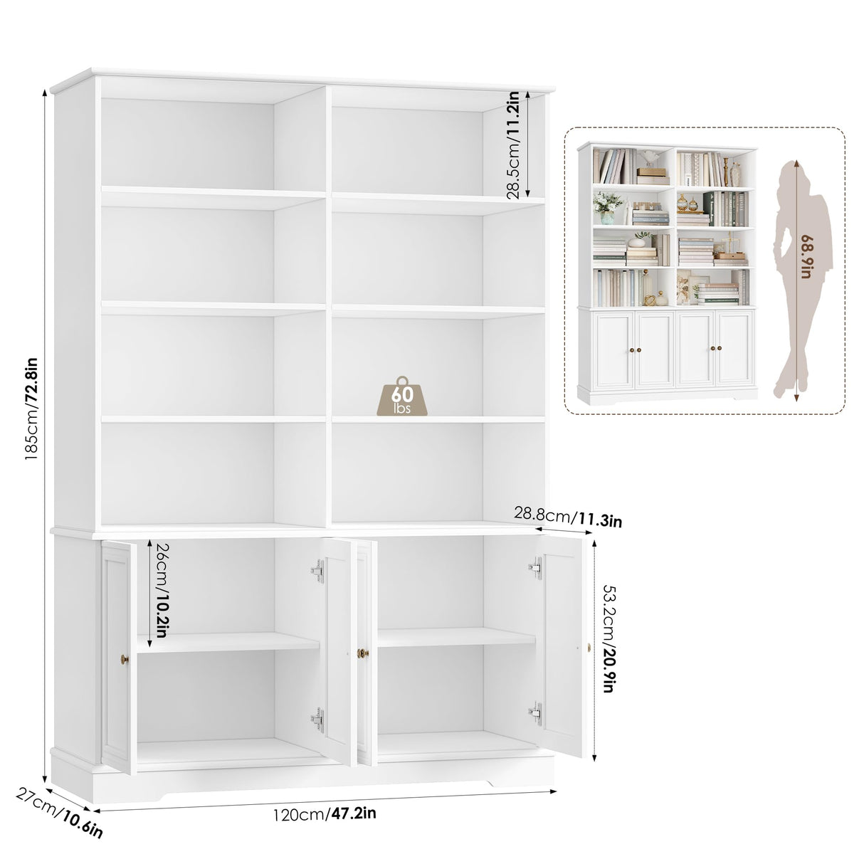 FINETONES 73" Tall Bookshelf with Doors, 6-Tier White Bookshelf Double Wide Bookcases and Bookshelves with Storage, Tall Book Shelf Large Bookcase Standing Book Cabinet for Home Office FINETONES