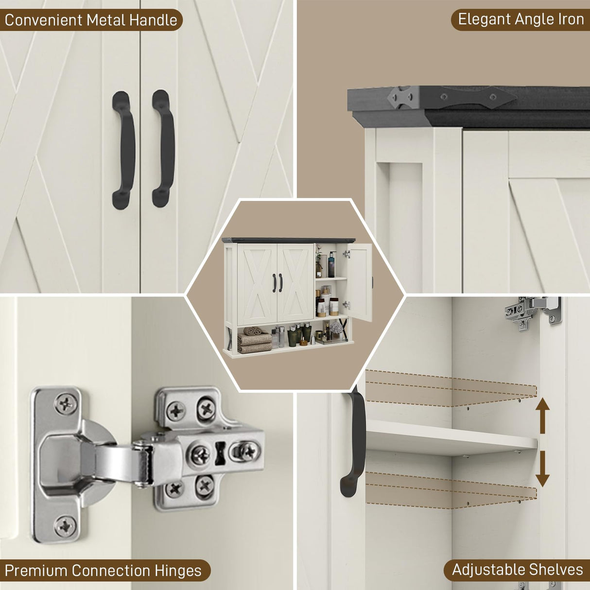 Halitaa Bathroom Wall Cabinet, Farmhouse Medicine Cabinet with Adjustable Wood Shelf & 3 Doors, Over The Toilet Storage Cabinet for Wall Mounted for Bathroom Laundry Room Kitchen, White and Black Halitaa