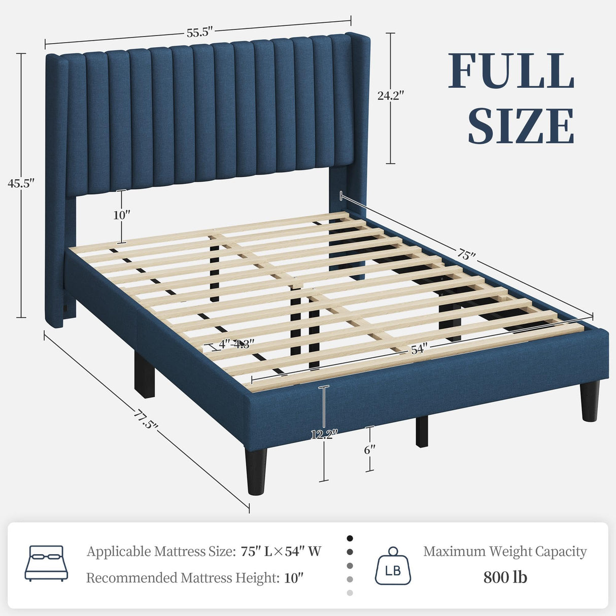 Yaheetech Full Size Bed Frame, Upholstered Platform Bed with Wing Edge Headboard, Square Tufted Fabric/Mattress Foundation/Wooden Slats Support/No Box Spring Needed/Easy Assembly/Navy Blue Yaheetech