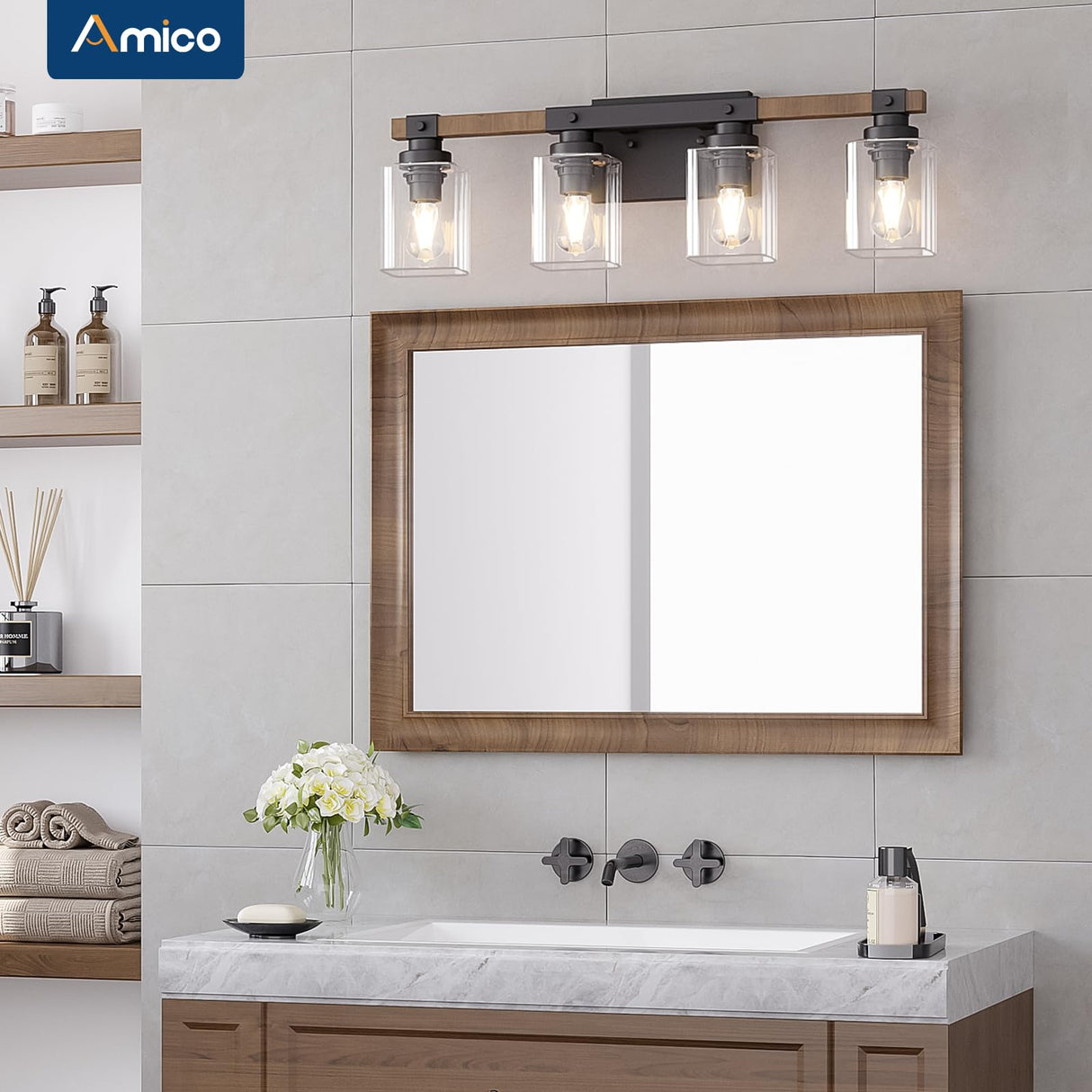 Amico 4-Light Bathroom Vanity Light Fixtures, Rustic Industrial Painted Wood Vanity Lights for Bathroom, Vintage Black Wall Sconces Bathroom Vanity Lighting with Clear Glass Shade Amico