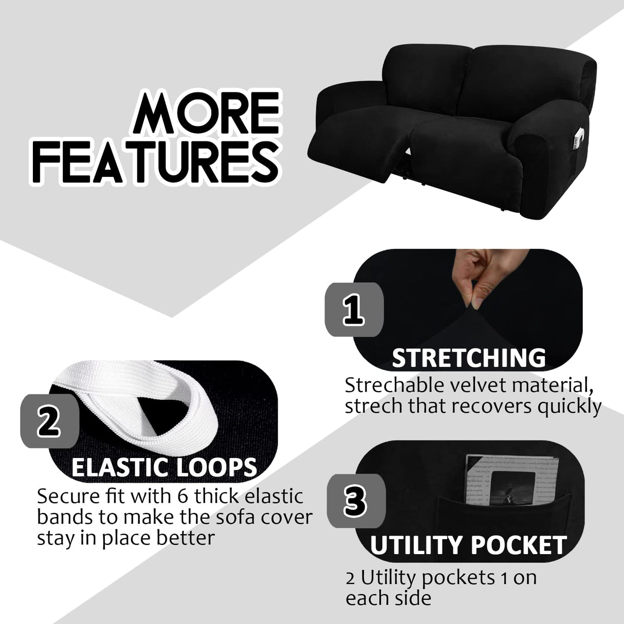 ULTICOR Extra Wide 75" - 100", Reclining 2 Seater Sofa, Extra Wide Reclining Love Seat Slipcover, 6-Piece Velvet Stretch, Reclining Sofa Covers, Thick, Soft, Washable (Black) ULTICOR