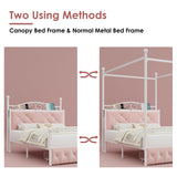 Full Upholstered Canopy Bed Frame with 2 Drawers & Crystal Tufted Storage Headboard Two-Purpose Metal Platform Bed with 4 Removable Posts & Charging Station Pink Princess Bed, Curtain Not Included Keyluv