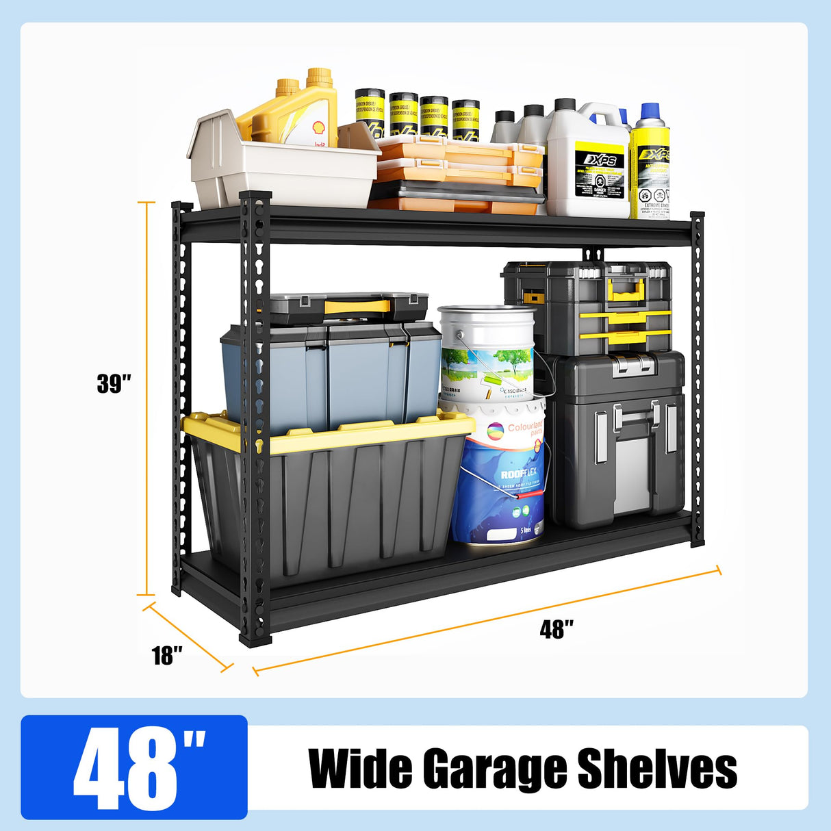 SDXYSTCE 48" W Garage Shelving Heavy Duty, 1000LBS Loads Adjustable Garage Storage Shelves, 2-Tier Metal Shelving Units and Storage Racks, Industrial Utility Shelf,48" Wx18 Dx39 H, Black SDXYSTCE