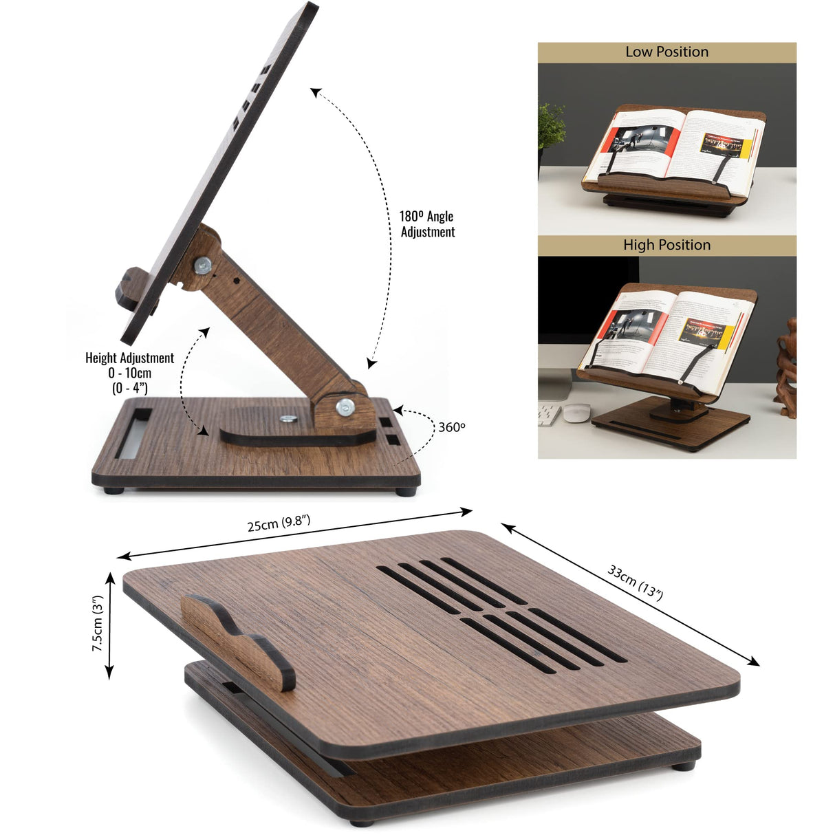 Vigo Wood Book Stand for Reading 360° Adjustable, Wooden Laptop Stand, Cookbooks Holder, Music Scores, Featuring Multi-Height Angles and Foldable Design with Page Clips. Vigo Wood