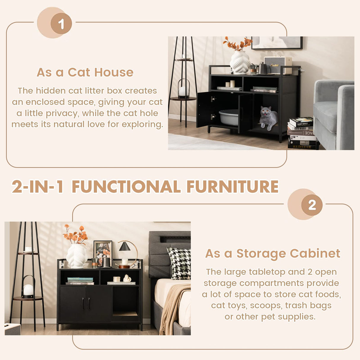 Giantex Cat Litter Box Enclosure - Cat Washroom Hidden Furniture with Front Entry, Cat Scratcher, 2-Door Storage Cabinet, 2 Compartments, Air Vents, Metal Frame, Wooden Pet Crate House (Black) Giantex