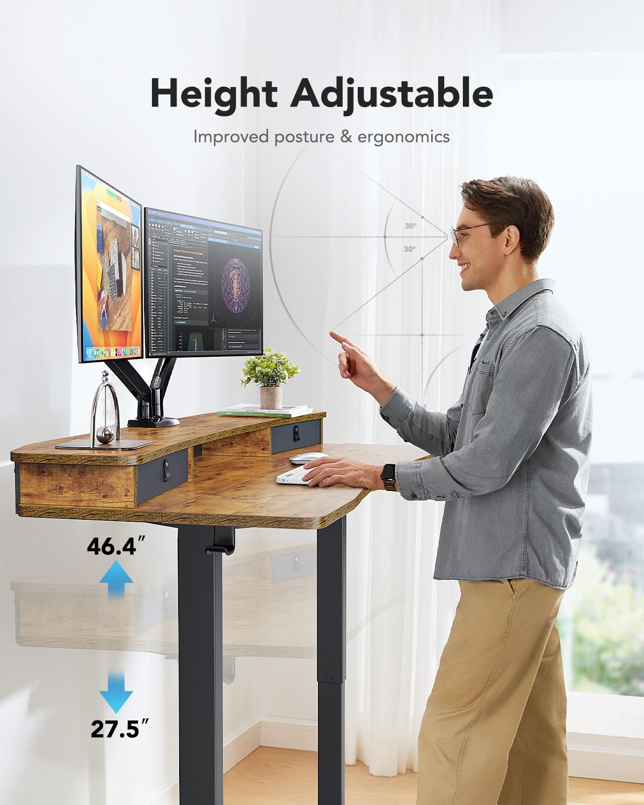 HUANUO 48″ x 24″ Electric Standing Desk with 2 Drawers, C-Clamp Mount Compatible, Height Adjustable Computer Desk, Home Office Stand Up Desk with 4 Preset Heights & 2 Hooks, Vintage Brown - WoodArtSupply