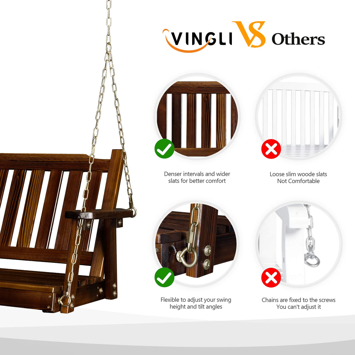 VINGLI Upgraded Heavy Duty 880 LBS 4 FT Patio Wooden Porch Swing Solid Fir Wood, Outdoor Handing Swing Bench for Garden | Yard | Balcony | Tree, Rustic VINGLI