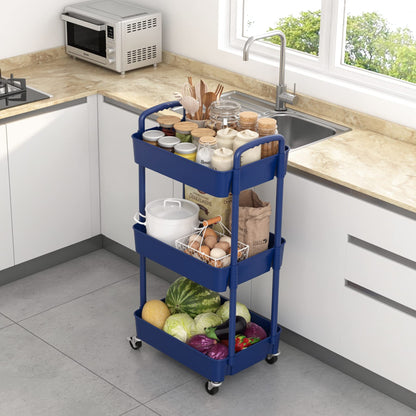 Sywhitta 3-Tier Plastic Rolling Utility Cart with Handle, Multi-Functional Storage Trolley for Office, Living Room, Kitchen, Movable Storage Organizer with Wheels, Blue - WoodArtSupply