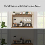 Farmhouse Style Coffee Bar Cabinet with Sliding Barn Door and 6 Hooks - 50 Inch White Buffet Storage 4ever2buy