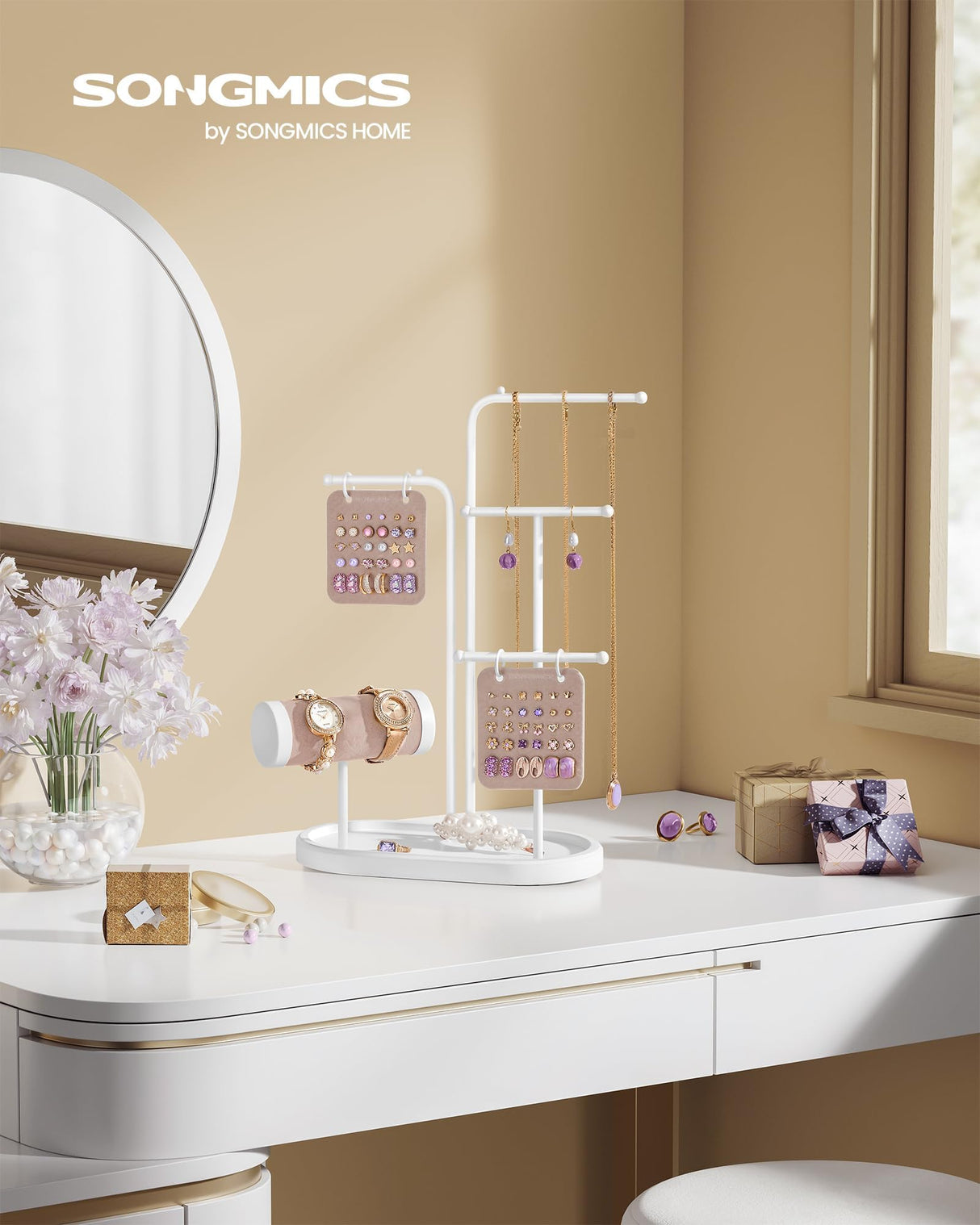 SONGMICS Jewelry Stand, Jewelry Organizer, Jewelry Display Holder with Metal Frame, 2 Earring Boards, 4 Hanging Rods, Necklace Earring Bracelet Holder, for Watches, Cloud White UJJS025W01 SONGMICS