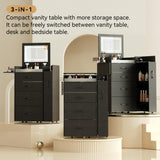 Herture 3 in 1 Vanity Desk with Flip Top Mirror, LED Lights, Side Cabinet,Collapsible Desk Panel, Hidden Stool with Storage, Small Makeup Vanity Table with Power Outlets, Compact Vanity, Black PT01DTB Herture