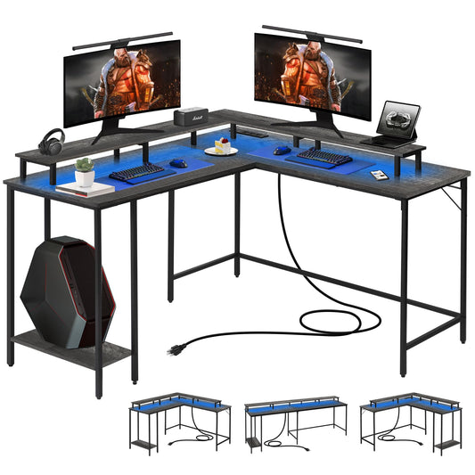 Panana 53.5" L Shaped Computer Desk Gaming Desk with LED Lights and Power Outlets, Reversible L Shaped Corner Desk with Monitor Stand, Home Office Desk with Shelf and USB Port (Grey) - WoodArtSupply