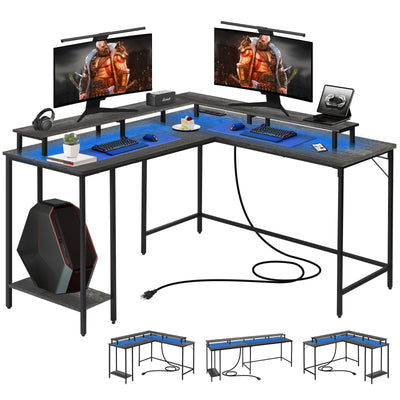 Panana 53.5" L Shaped Computer Desk Gaming Desk with LED Lights and Power Outlets, Reversible L Shaped Corner Desk with Monitor Stand, Home Office Desk with Shelf and USB Port (Grey)