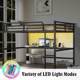 MAKIAAP Loft Bed with Desk & Ladder, Metal High LoftBed Frame with LED Lights & Charging Station, Sturdy Noise-Free Loft Bed for Kids, Teens & Adults, Space-Saving Design (Black, Queen) MAKIAAP