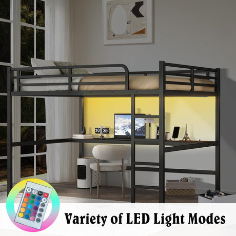 MAKIAAP Loft Bed with Desk & Ladder, Metal High LoftBed Frame with LED Lights & Charging Station, Sturdy Noise-Free Loft Bed for Kids, Teens & Adults, Space-Saving Design (Black, Queen) MAKIAAP