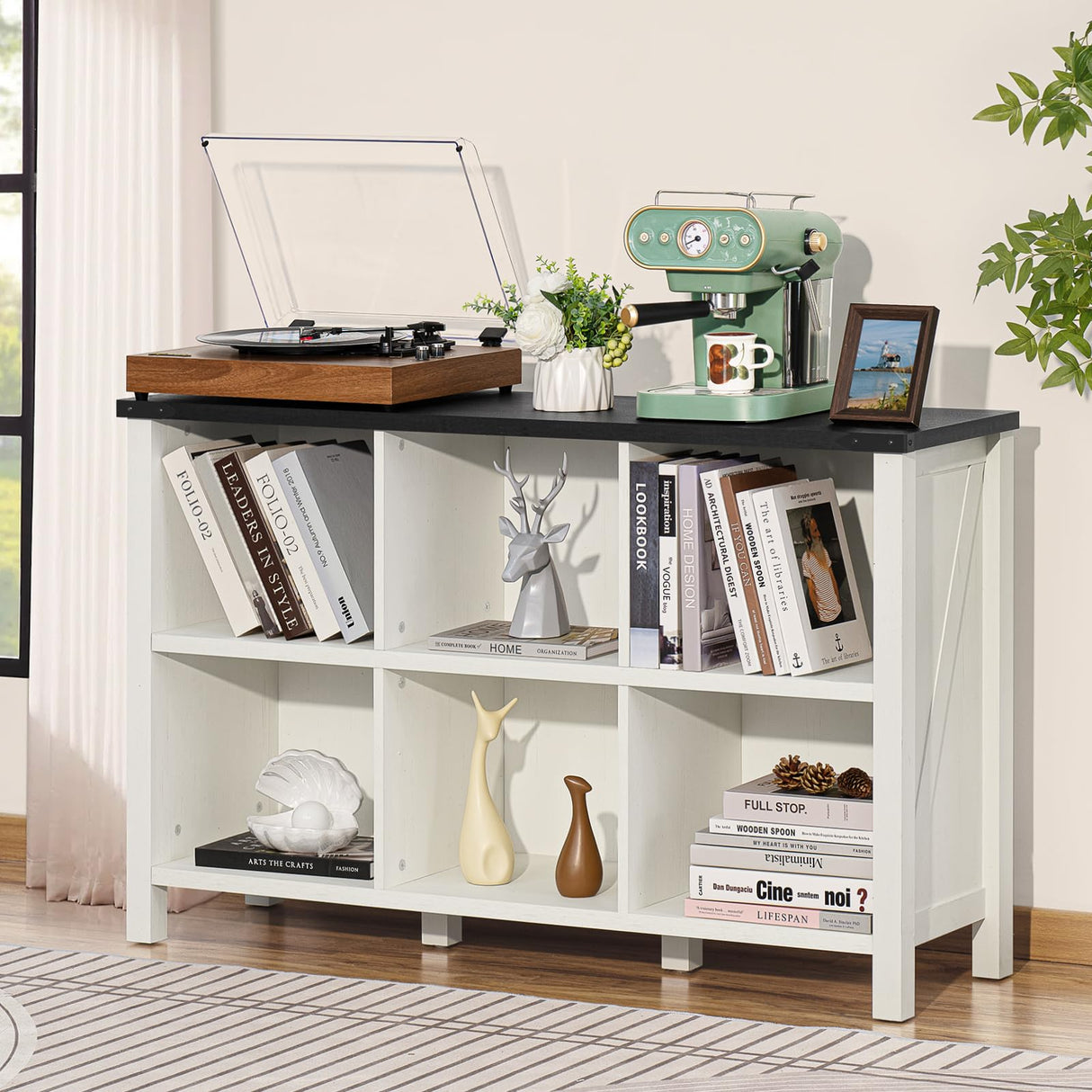 Joaxswe Rustic Farmhouse 6-Cube Bookcase in Antique White & Black for Elegant Storage Solutions Joaxswe